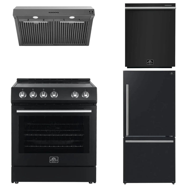 Forno Espresso Package - 30" Electric Range, Range Hood, Refrigerator and Dishwasher in Black with Silver Handles, FBDL-006-02US09K