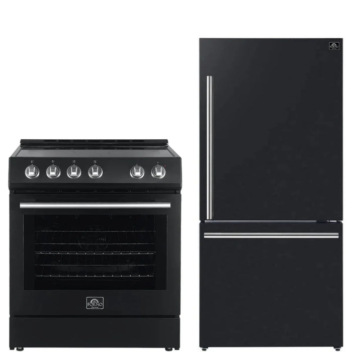 FORNO Premium 2-Piece Kitchen Bundle - Leonardo Espresso 30" Black Range, 31" Black Bottom Freezer Refrigerator FBDL-003-02US09K
