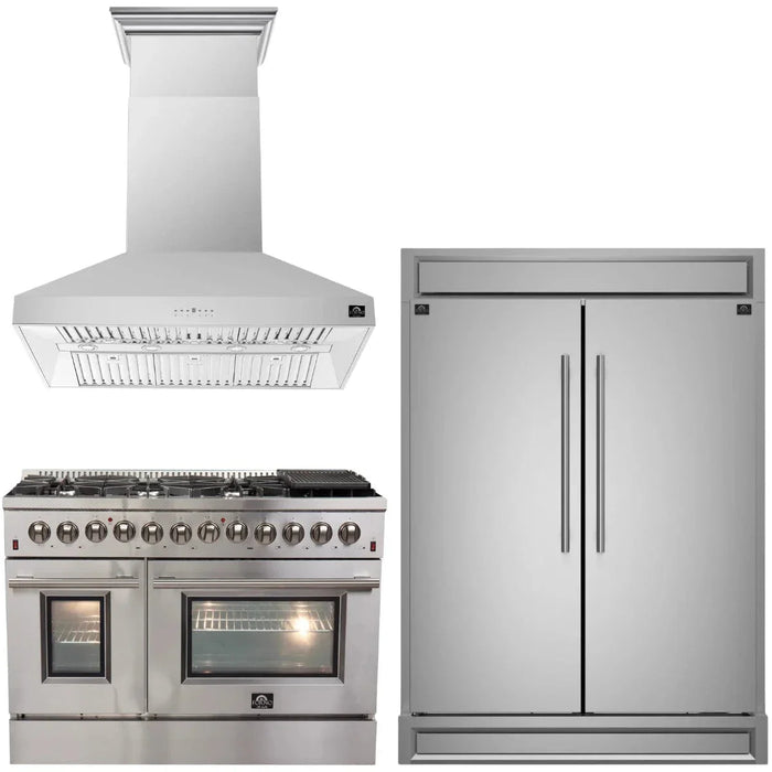 Forno Appliance Package - 48" Dual Fuel Range, Wall Mount Range Hood and 60" Refrigerator with Modern Grill Trim FBDL-017-04CAUS09K