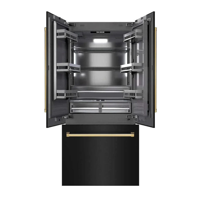 ZLINE 36" Built-In Bottom Freezer Refrigerator with Water Dispenser, Ice Maker, Black Stainless Steel, Graphite Gray Interior, Polished Gold GRBIVZ-BS-36-G09K