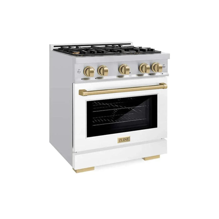 ZLINE 30" Select Dual Fuel Range Gas Cooktop Electric Convection Oven Stainless Steel White Matte Doors Champagne Bronze HDRZ-WM-30-CB09K