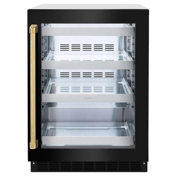 ZLINE 24" Touchstone 151 Can Beverage Fridge Black Stainless Steel Glass Door Gold Handle RBSOZ-BS-24-G09K
