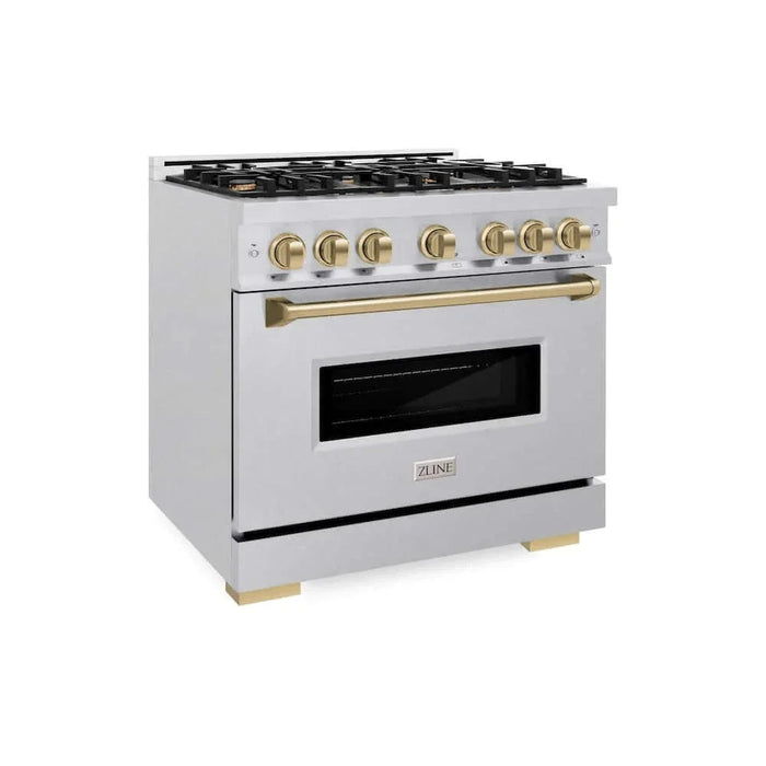 ZLINE 36" Dual Fuel Range, Gas Cooktop, Electric Convection Oven DuraSnow® Stainless Steel, Champagne Bronze CDRSZ-36-CB09K