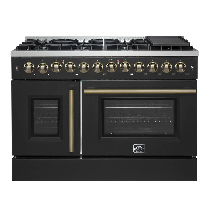 Forno Galiano 48" French Door Dual Fuel Range, 8 Burners, Electric Convection Oven, Black Antique Brass Trim, FFSGS6356-48BLK09K