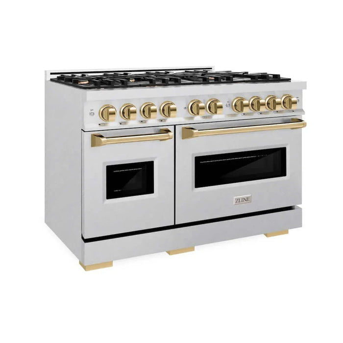 ZLINE 48" Dual Fuel Range, Gas Cooktop, Electric Convection Oven DuraSnow® Stainless Steel, Gold CDRSZ-48-G09K