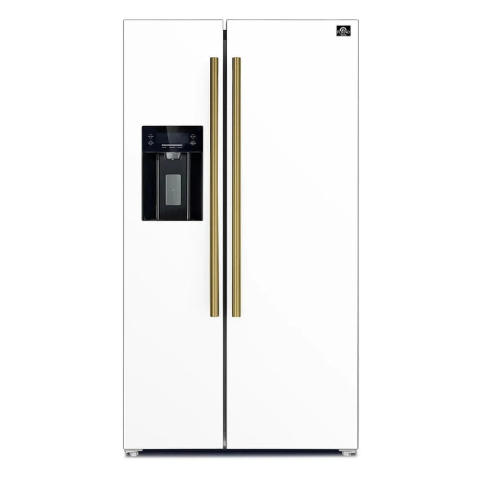 Forno Espresso Salerno 36"Side-by-Side Refrigerator, Water Dispenser, White with Antique Brass Handle FFRBI1844-36WHT09K