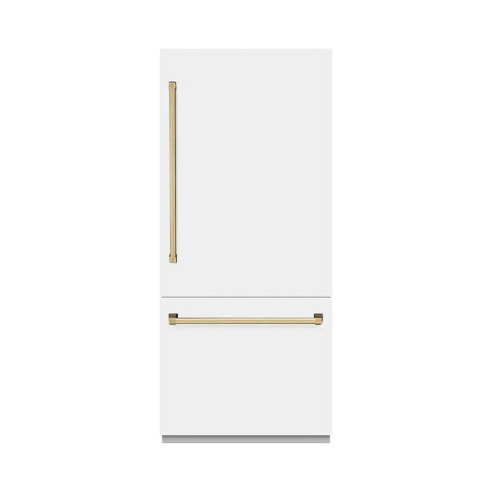 ZLINE 36" Built-In Bottom Freezer Refrigerator,Water Dispenser, Ice Maker, White Matte Polished Gold RBITZ-WM-36-G09K