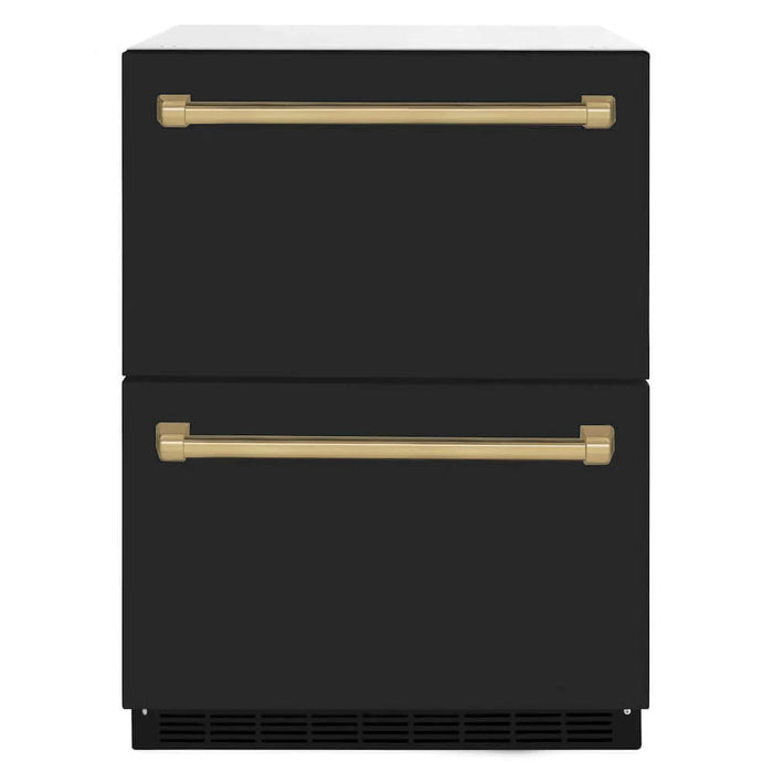 ZLINE Autograph Edition 24" Touchstone 168 Can Outdoor-Rated Dual Refrigerator Drawer, Black Matte Door, Accents  RDSOZ-BLM-24-CB09K