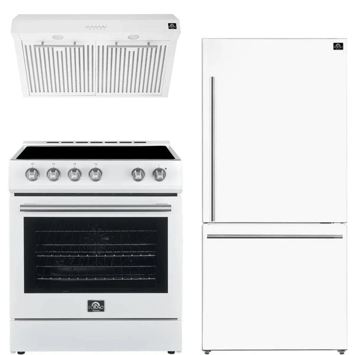 Forno Espresso Package - 30" Electric Range, Range Hood and Refrigerator in White with Silver Handles, FBDL-001-03US09K