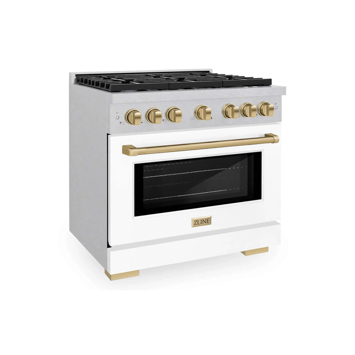 ZLINE 36"Paramount Dual Fuel Range DuraSnow® White Matte, Champagne Bronze SDRSZ-WM-36-CB09K