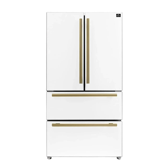 Forno Espresso Moena 36"French Door Refrigerator, White with Antique Brass Handle FFRBI1820-36WHT09K