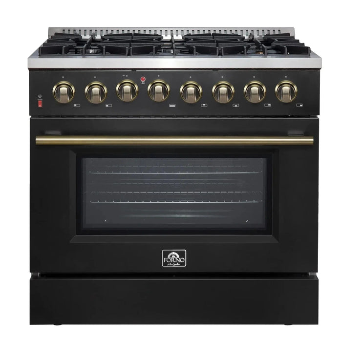 Forno Galiano Gold Professional - 36"Freestanding Dual Fuel Range Gas Stove, Electric Oven Black, Antique Brass Trim, FFSGS6156-36BLK09K