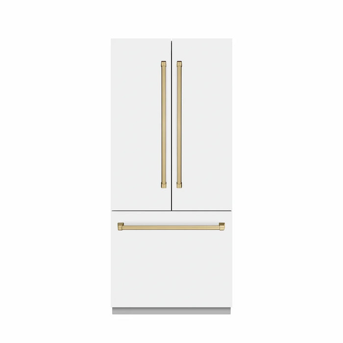 ZLINE 36" French Door Built-In Bottom Freezer Refrigerator, Water Dispenser, Ice Maker, White Matte, Stainless Steel, Accents SRBIVZ-WM-36-CB09K