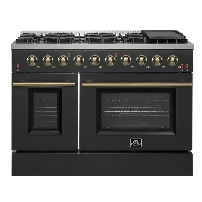 Forno Galiano 48"French Door Freestanding All Gas Range, Black with Antique Brass Trim, FFSGS6444-48BLK09K