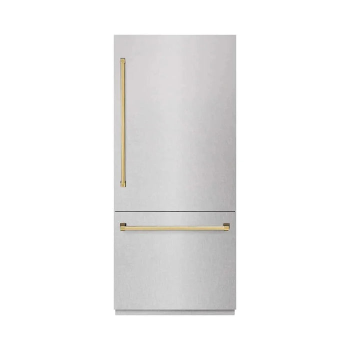 ZLINE 36" Built-In Bottom Freezer Refrigerator,Water Dispenser, Ice Maker, DuraSnow® Polished Gold RBITZ-SN-36-G09K