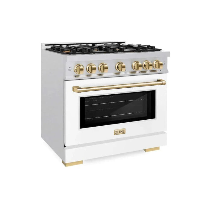 ZLINE 36" Select Dual Fuel Range Gas Cooktop Electric Convection Oven DuraSnow® Stainless Steel White Matte Door Polished Gold HDRSZ-WM-36-G09K