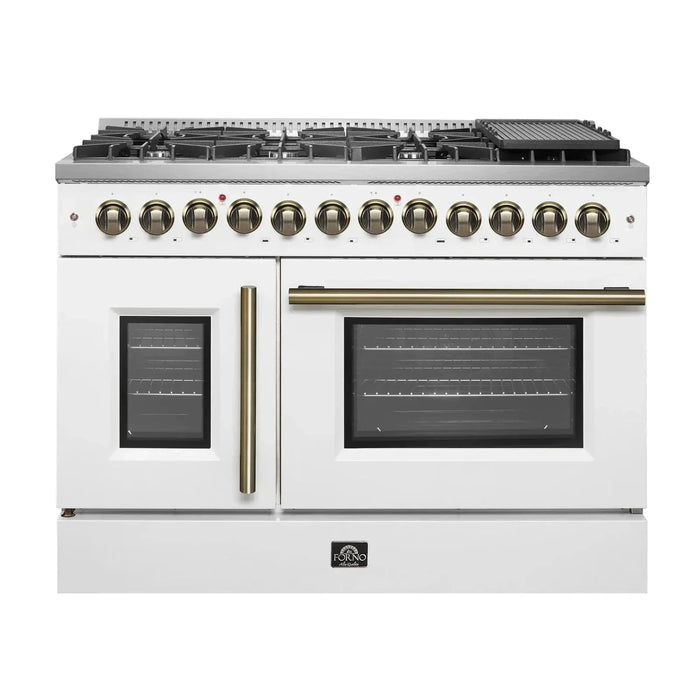Forno Galiano 48" French Door Dual Fuel Range, 8 Burners, Electric Convection Oven, White Antique Brass Trim, FFSGS6356-48WHT09K