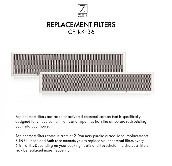 ZLINE Charcoal Filters (Set of 2) for 36" Under Cabinet Range Hoods, CF-RK-3609K