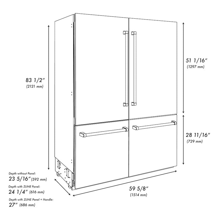 ZLINE Autograph Edition 60" French Door Built-In Bottom Freezer Refrigerator, Water Dispenser, Ice Maker, Stainless Steel, Graphite Gray Interior, Helix Handles GRBIVZ-30460KCB09K
