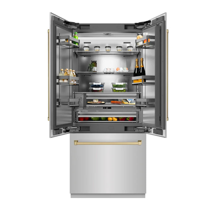 ZLINE 36" French Door Built-In Bottom Freezer Refrigerator, Water Dispenser, Ice Maker, Satin Stainless Steel, Accents SRBIVZ-SN-36-CB09K