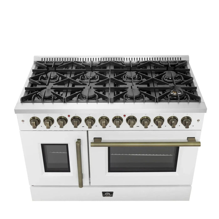 Forno Galiano 48" French Door Dual Fuel Range, 8 Burners, Electric Convection Oven, White Antique Brass Trim, FFSGS6356-48WHT09K