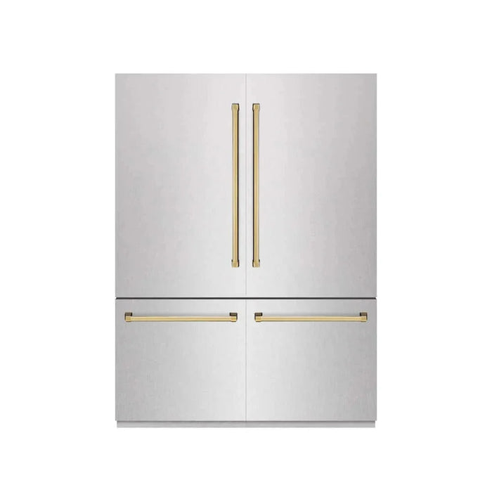 ZLINE 60" Built-In Bottom Freezer Refrigerator with Water Dispenser, Ice Maker, DuraSnow® Stainless Steel, Graphite Gray Interior, Polished Gold GRBIVZ-SN-60-G09K