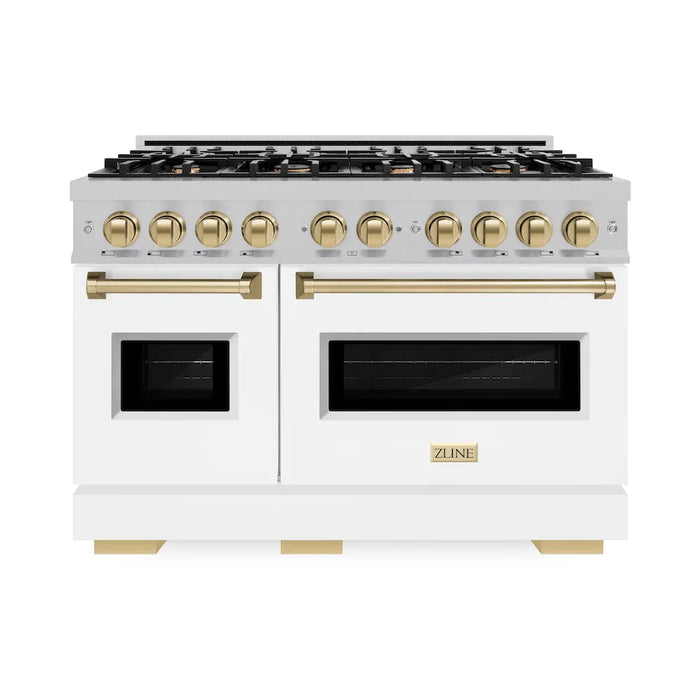 ZLINE 48" Classic Double Oven Dual Fuel Range, 8 Burner Gas Cooktop, Satin Stainless Steel, White Matte Doors, Accents CDRSZ-WM-48-CB09K