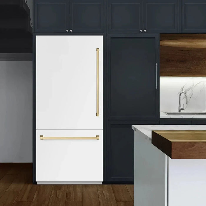 ZLINE 36" Built-In Bottom Freezer Refrigerator,Water Dispenser, Ice Maker, White Matte Champagne Bronze RBITZ-WM-36-CB09K