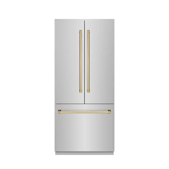 ZLINE 36" Built-In Bottom Freezer Refrigerator with Water Dispenser, Ice Maker, Stainless Steel, Graphite Gray Interior, Polished Gold GRBIVZ-304-36G09K
