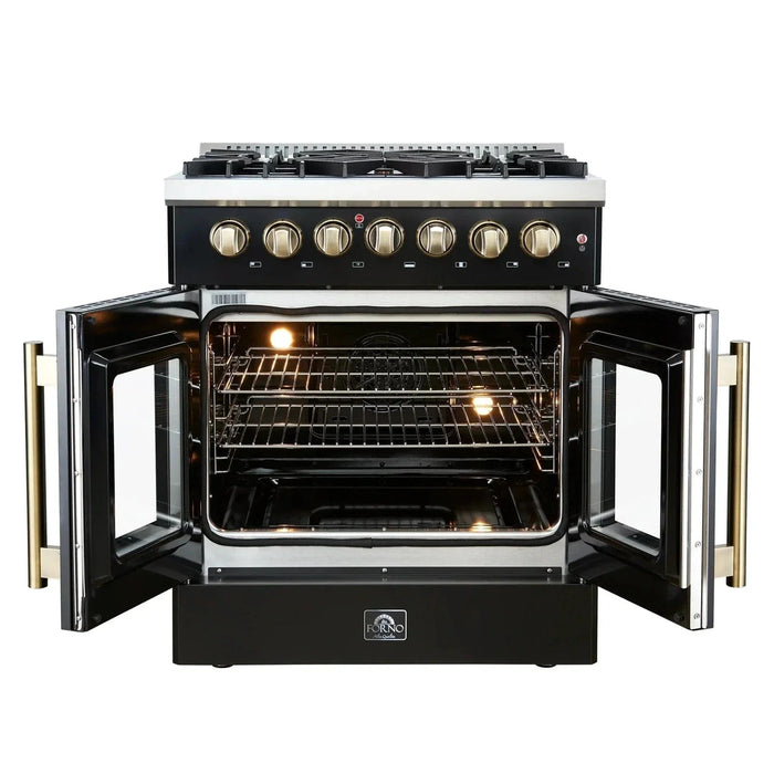 Forno Galiano 30"French Door Dual Fuel Range 5 Gas Burners, Electric Convection Oven Black, Antique Brass Trim, FFSGS6356-30BLK09K