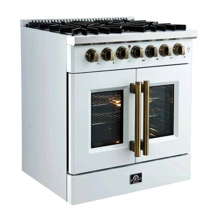 Forno Galiano 30"French Door Dual Fuel Range 5 Gas Burners, Electric Convection Oven White, Antique Brass Trim, FFSGS6356-30WHT09K