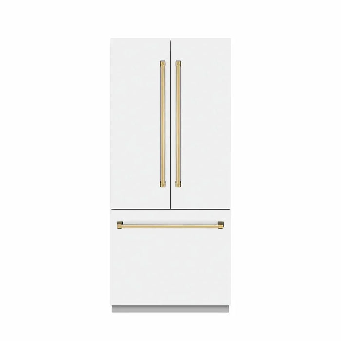 ZLINE 36" Built-In Bottom Freezer Refrigerator with Water Dispenser, Ice Maker, White Matte, Graphite Gray Interior, Polsihed Gold GRBIVZ-WM-36-G09K
