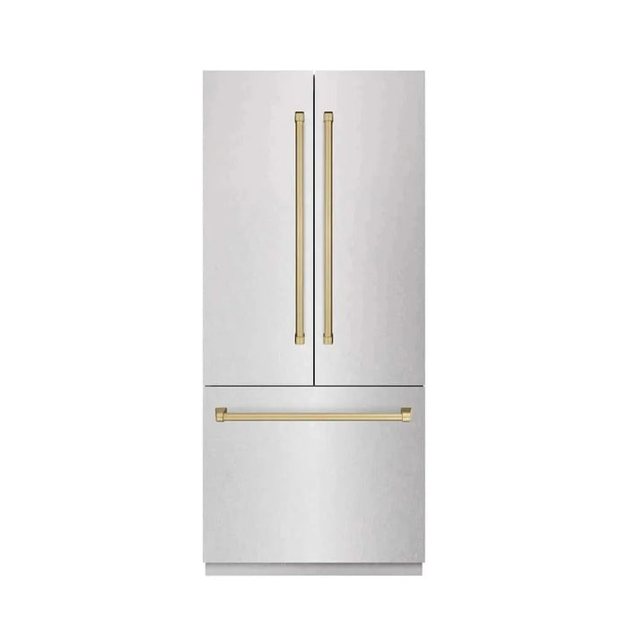 ZLINE 36" Built-In Bottom Freezer Refrigerator with Water Dispenser, Ice Maker, DuraSnow® Stainless Steel, Graphite Gray Interior, Champagne Bronze GRBIVZ-SN-36-CB09K