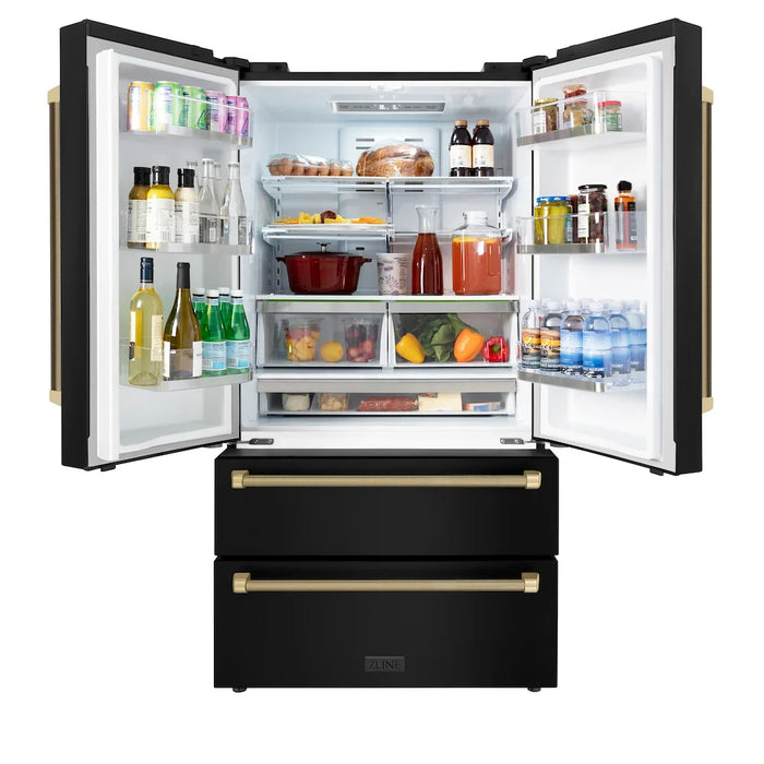 ZLINE Autograph Edition 36" Counter-Depth French Door Refrigerator, Ice Maker, Fingerprint-Resistant Black Stainless Steel, Helix Handles RFMZ-36-BS-KCB09K