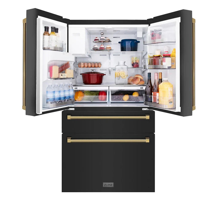 ZLINE Autograph Edition 36" Counter-Depth French Door Refrigerator, Water, Ice Maker, Fingerprint-Resistant Black Stainless Steel, Helix Handles RFMZ-W-36-BS-KG09K