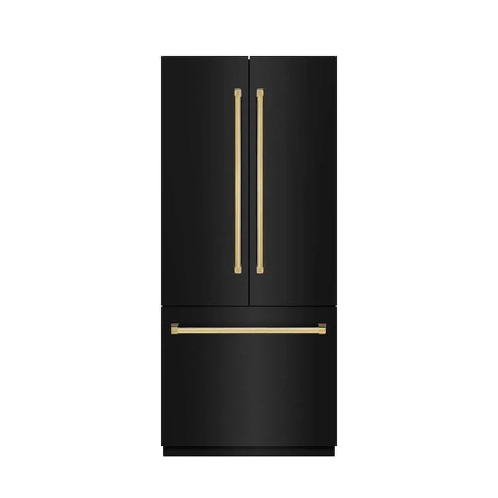 ZLINE 36" Built-In Bottom Freezer Refrigerator with Water Dispenser, Ice Maker, Black Stainless Steel, Graphite Gray Interior, Polished Gold GRBIVZ-BS-36-G09K