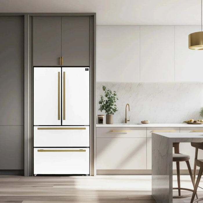 Forno Espresso Moena 36"French Door Refrigerator, White with Antique Brass Handle FFRBI1820-36WHT09K