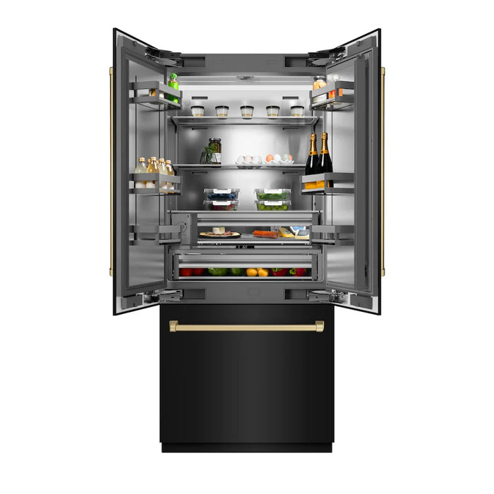 ZLINE 36" French Door Built-In Bottom Freezer Refrigerator, Water Dispenser, Ice Maker, Black Stainless Steel, Accents SRBIVZ-BS-36-CB09K