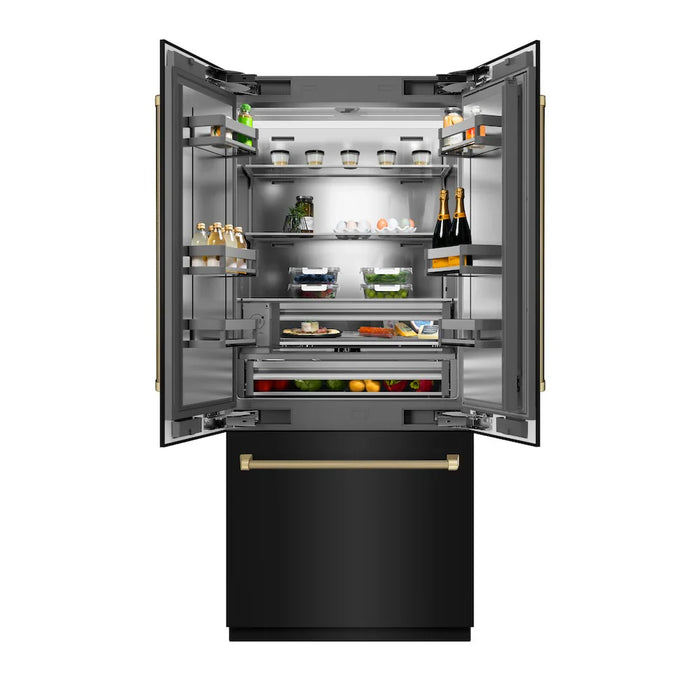 ZLINE Autograph Edition 36" French Door Built-In Bottom Freezer Refrigerator, Water Dispenser, Ice Maker, Black Stainless Steel, Stainless Steel Interior, Helix Handles SRBIVZ-BS36KCB09K