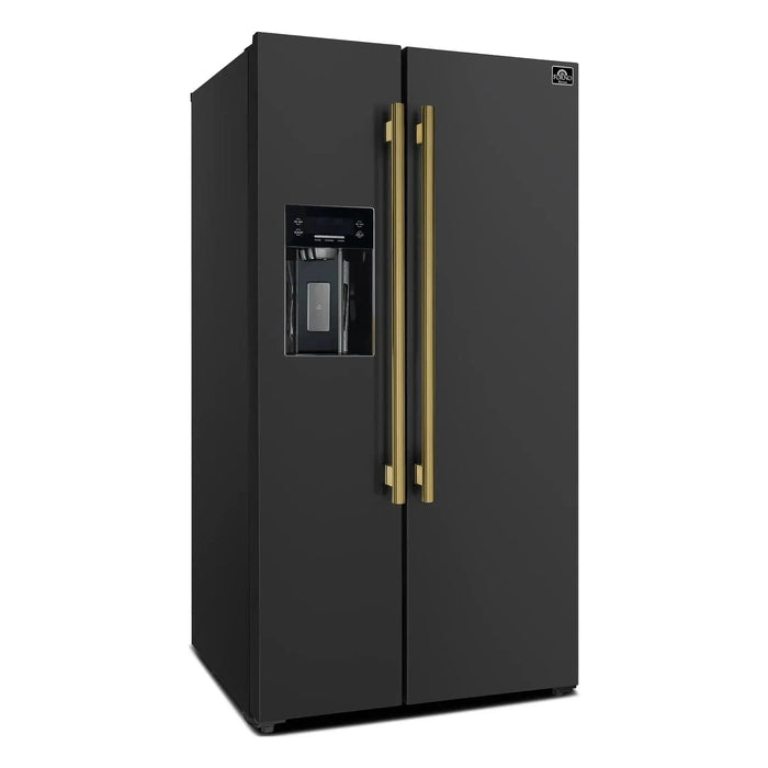 Forno Espresso Salerno 36"Side-by-Side Refrigerator, Water Dispenser, Black with Antique Brass Handle FFRBI1844-36BLK09K