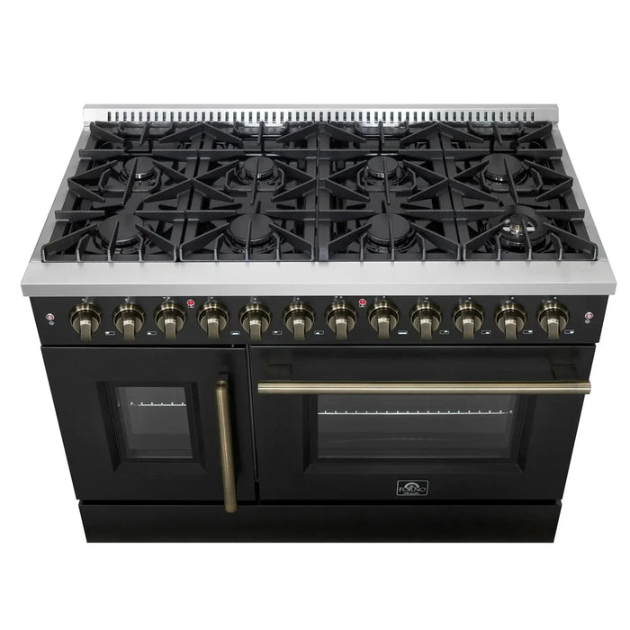 Forno Galiano 48" French Door Dual Fuel Range, 8 Burners, Electric Convection Oven, Black Antique Brass Trim, FFSGS6356-48BLK09K