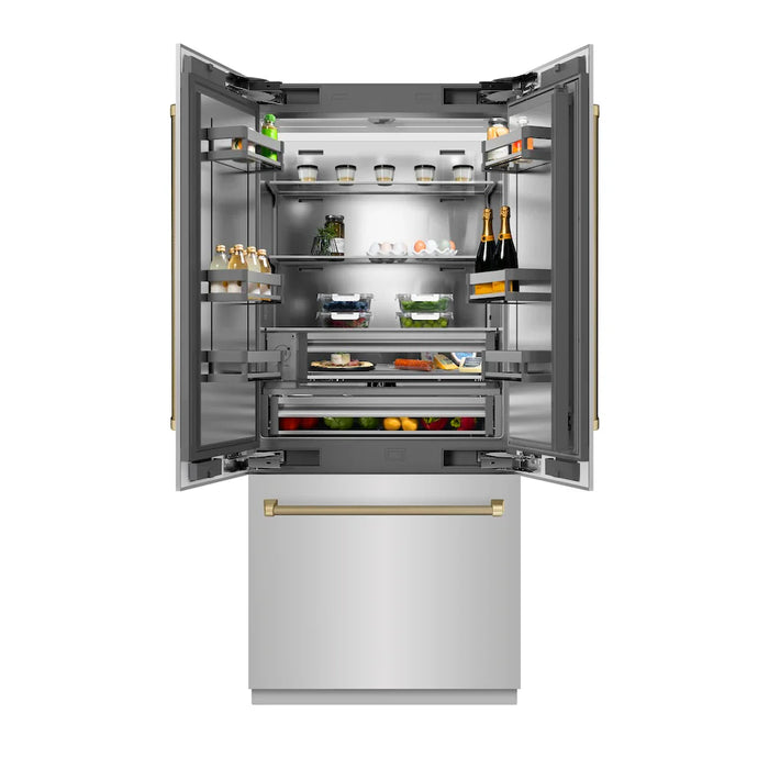 ZLINE Autograph Edition 36" French Door Built-In Bottom Freezer Refrigerator, Water Dispenser, Ice Maker, Stainless Steel, Stainless Steel Interior, Helix Handles SRBIVZ-30436KCB09K