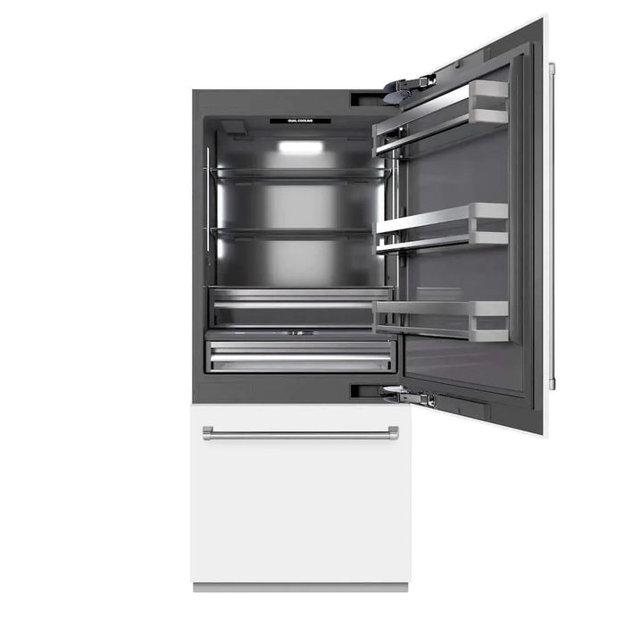 ZLINE 36" Built-In Bottom Freezer Refrigerator, Water Dispenser, Ice Maker, White Matte, Graphite Gray Interior GRBIT-WM-7209K