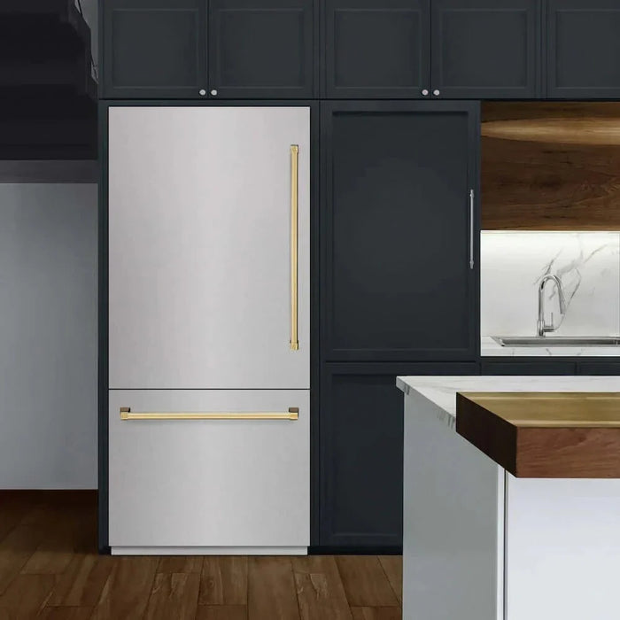 ZLINE 36" Built-In Bottom Freezer Refrigerator,Water Dispenser, Ice Maker, DuraSnow® Polished Gold RBITZ-SN-36-G09K