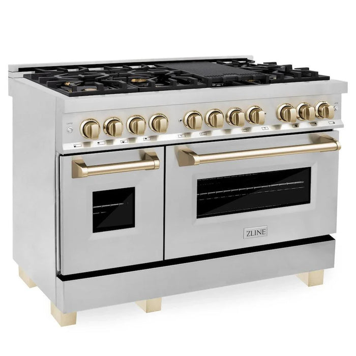 ZLINE Autograph Edition 48"Kitchen Package, Stainless Steel Dual Fuel Range, Range Hood, Dishwasher and Refrigeration, 4KAPR-RARHDWM48-G09K