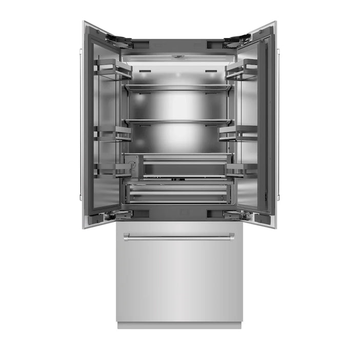 ZLINE 36" Panel Ready French Door Built-In Bottom Freezer Refrigerator, Water Dispenser, Ice Maker, Stainless Steel Interior SRBIV-3609K