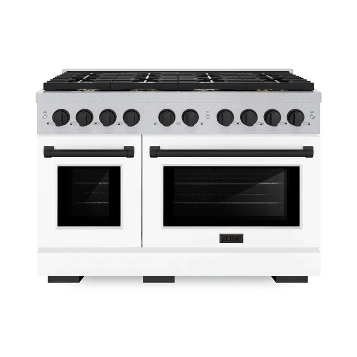 ZLINE 48"Paramount Dual Fuel Range DuraSnow® White Matte, Matte Black SDRSZ-WM-48-MB09K
