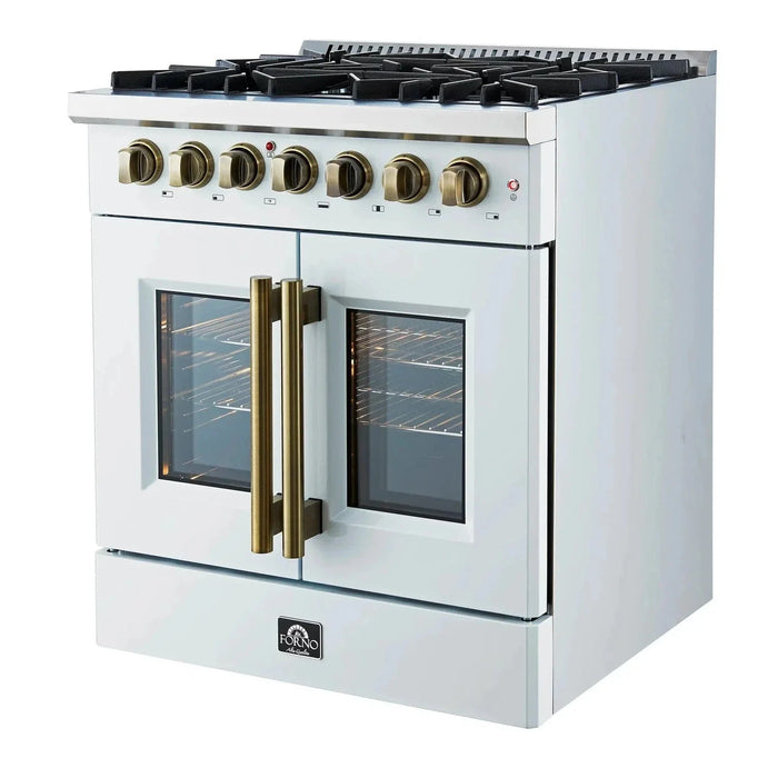 Forno Galiano 30"French Door Dual Fuel Range 5 Gas Burners, Electric Convection Oven White, Antique Brass Trim, FFSGS6356-30WHT09K