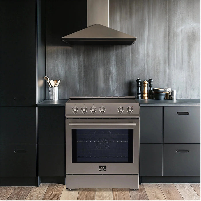 Forno Espresso Package - 30" Electric Range, Range Hood and Refrigerator in Stainless Steel with Silver Handles, FBDL-001-01US09K