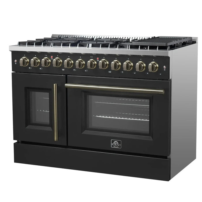 Forno Galiano 48" French Door Dual Fuel Range, 8 Burners, Electric Convection Oven, Black Antique Brass Trim, FFSGS6356-48BLK09K